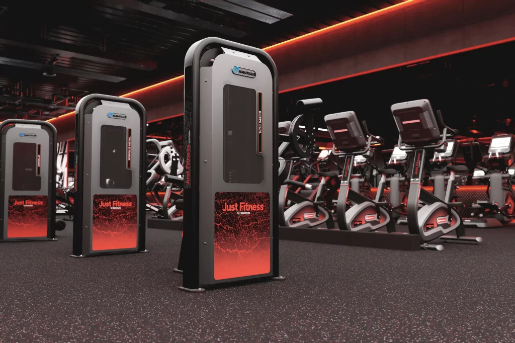 Health studio featuring custom equipment branding kits for new or retrofitted fitness equipment, providing a cohesive and branded appearance.