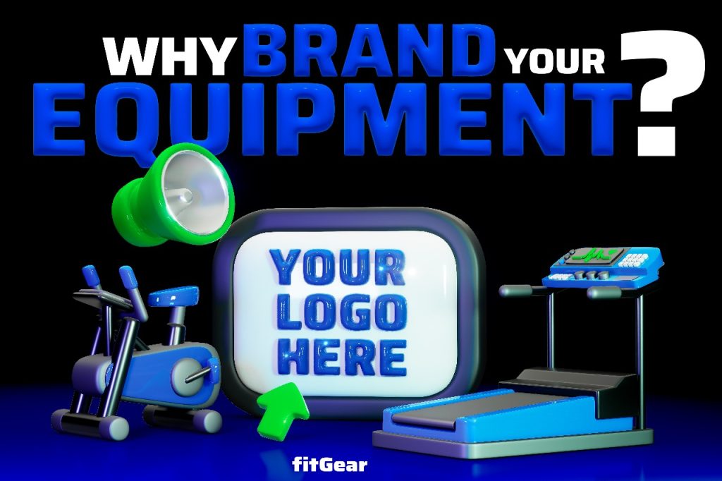 Illustration showcasing the advantages of fitness equipment branding, including logos, professional appearance, and customer engagement.