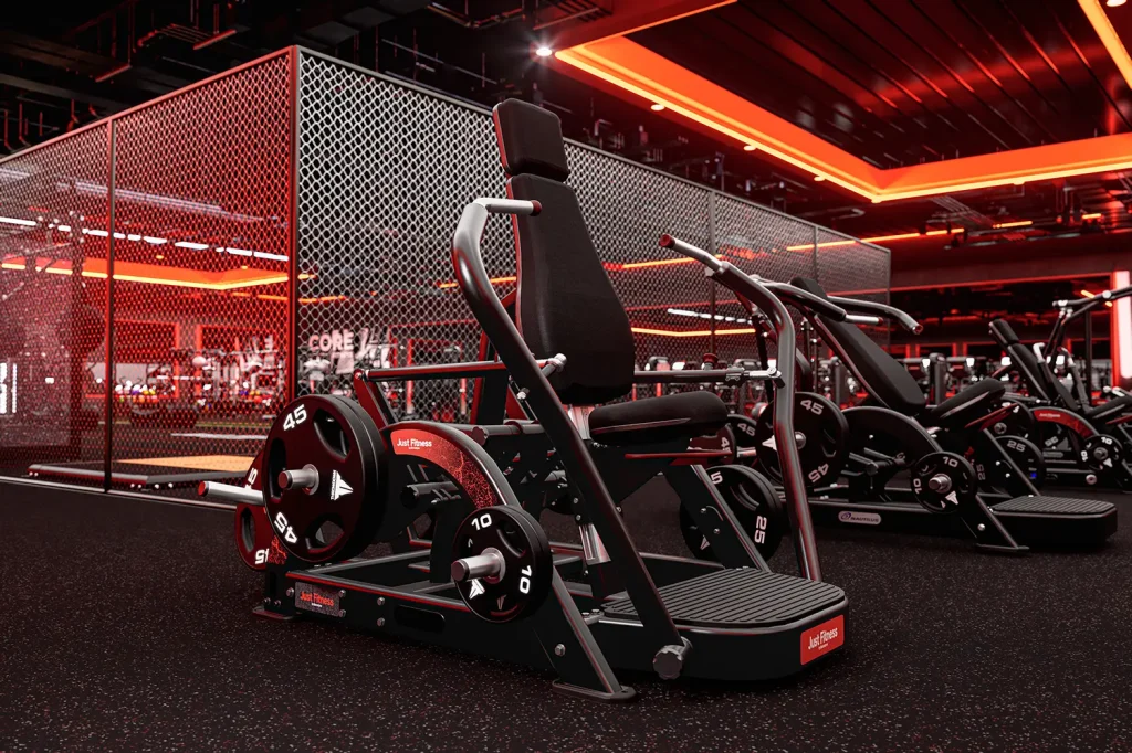 Photorealistic 3D render of a Nautilus Leverage Chest Press branded with custom engineered graphics for Just Fitness inside a designed fitness facility.