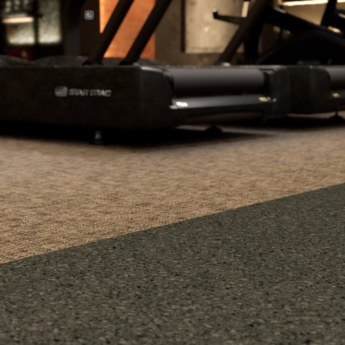 Close-up of Performance Rally and Chilewich flooring with fitness machines in a gym.