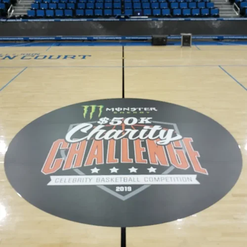 Engineered graphics court logo installed at center court for the $50k Charity Challenge Monster Energy